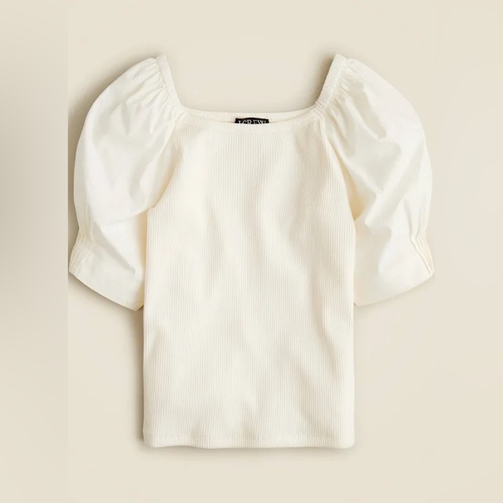 NWT J. Crew Vintage Rib Top with Cotton Poplin Puff Sleeves in Ivory